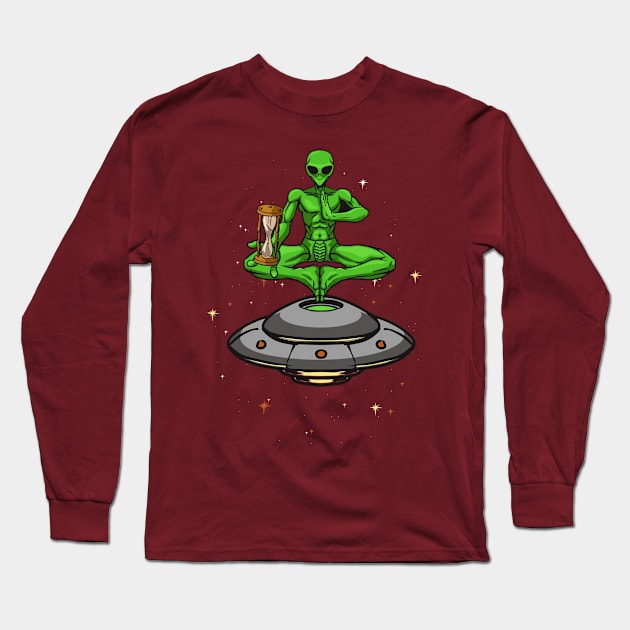 alien yoga holding old clock Long Sleeve T-Shirt by Mako Design 